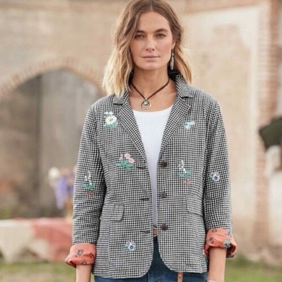 Sundance Tansy Gingham Check Floral Embroidered Blazer Jacket Medium Linen - Picture 9 of 9